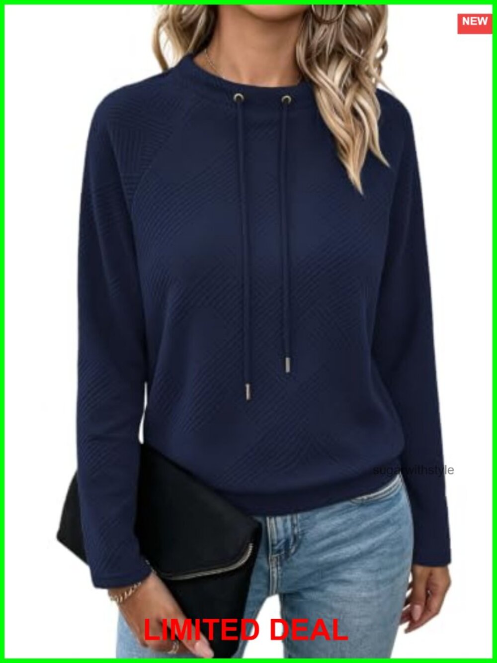 Womens Textured Geometric Sweatshirt Drawstring Neck Raglan Sleeve Pullover